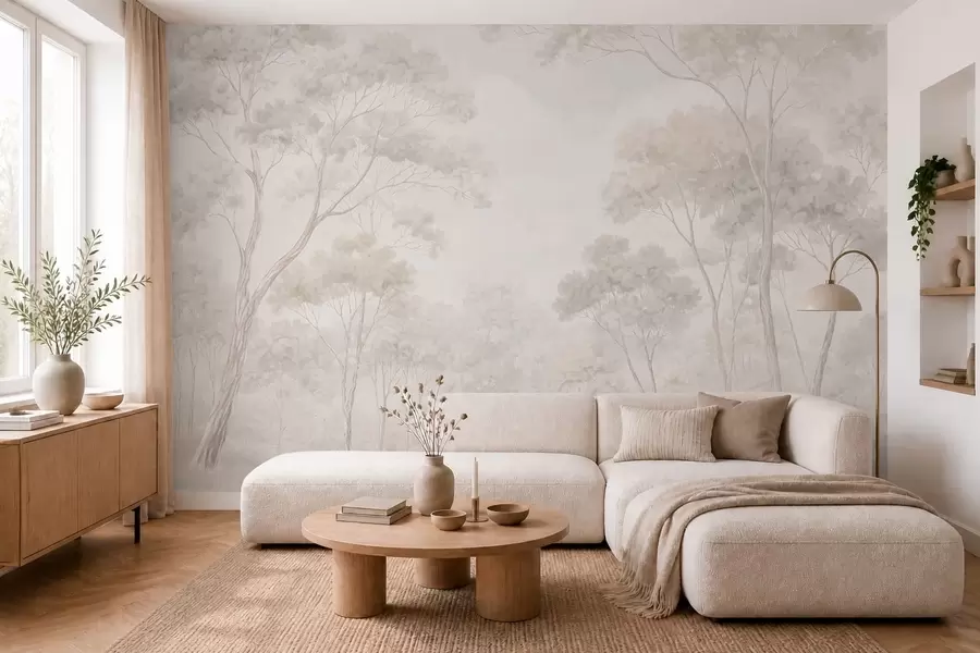 murales de pared Un bosque brumoso y apacible en tonos pastel w05624v1