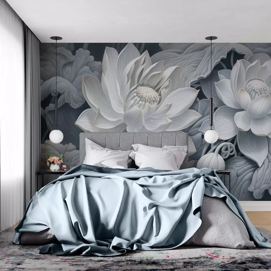 murales de pared Flores de loto de estilo vintage con suaves tonos sepia y pétalos detallados; ilustración botánica artística w05494