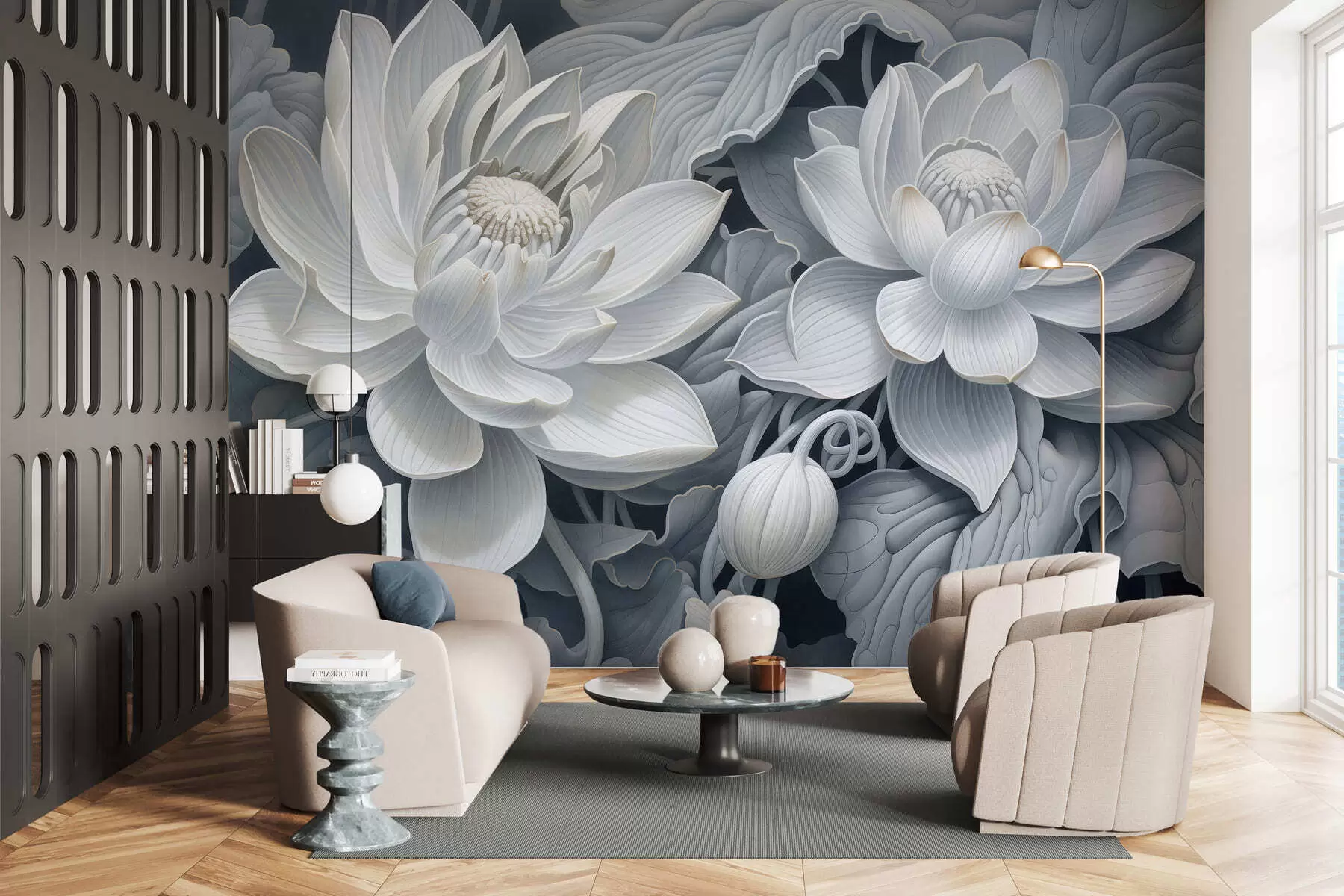 murales de pared Flores de loto de estilo vintage con suaves tonos sepia y pétalos detallados; ilustración botánica artística w05494