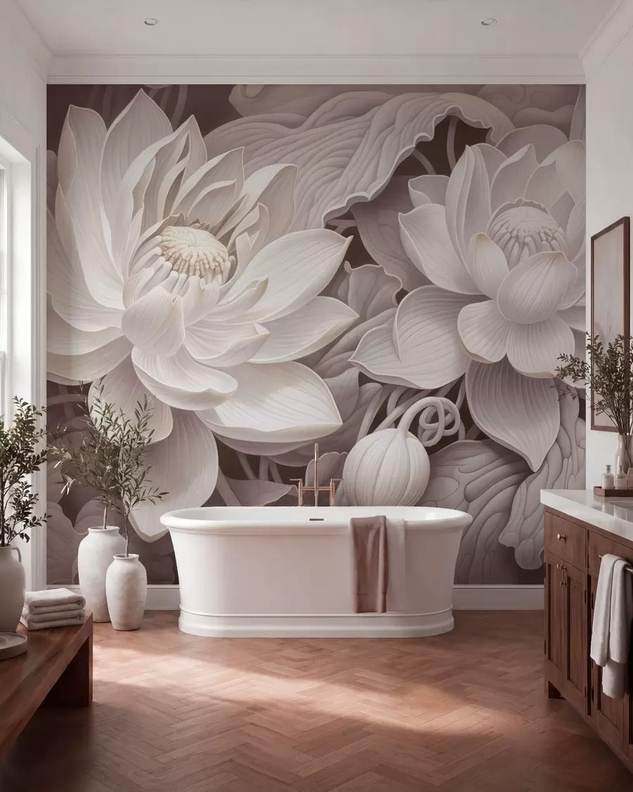 murales de pared Flores de loto de estilo vintage con suaves tonos sepia y pétalos detallados; ilustración botánica artística w05494v1