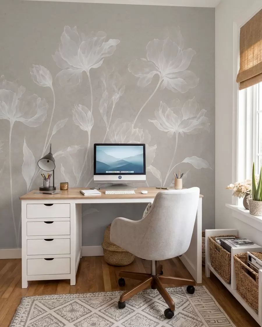 murales de pared Flores elegantes y ligeras, con pétalos translúcidos en capas y tallos largos y delicados w05579v1