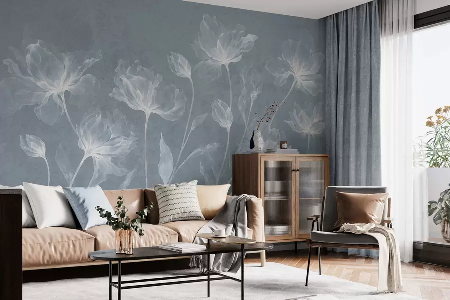 murales de pared Flores elegantes y ligeras, con pétalos translúcidos en capas y tallos largos y delicados w05579v2