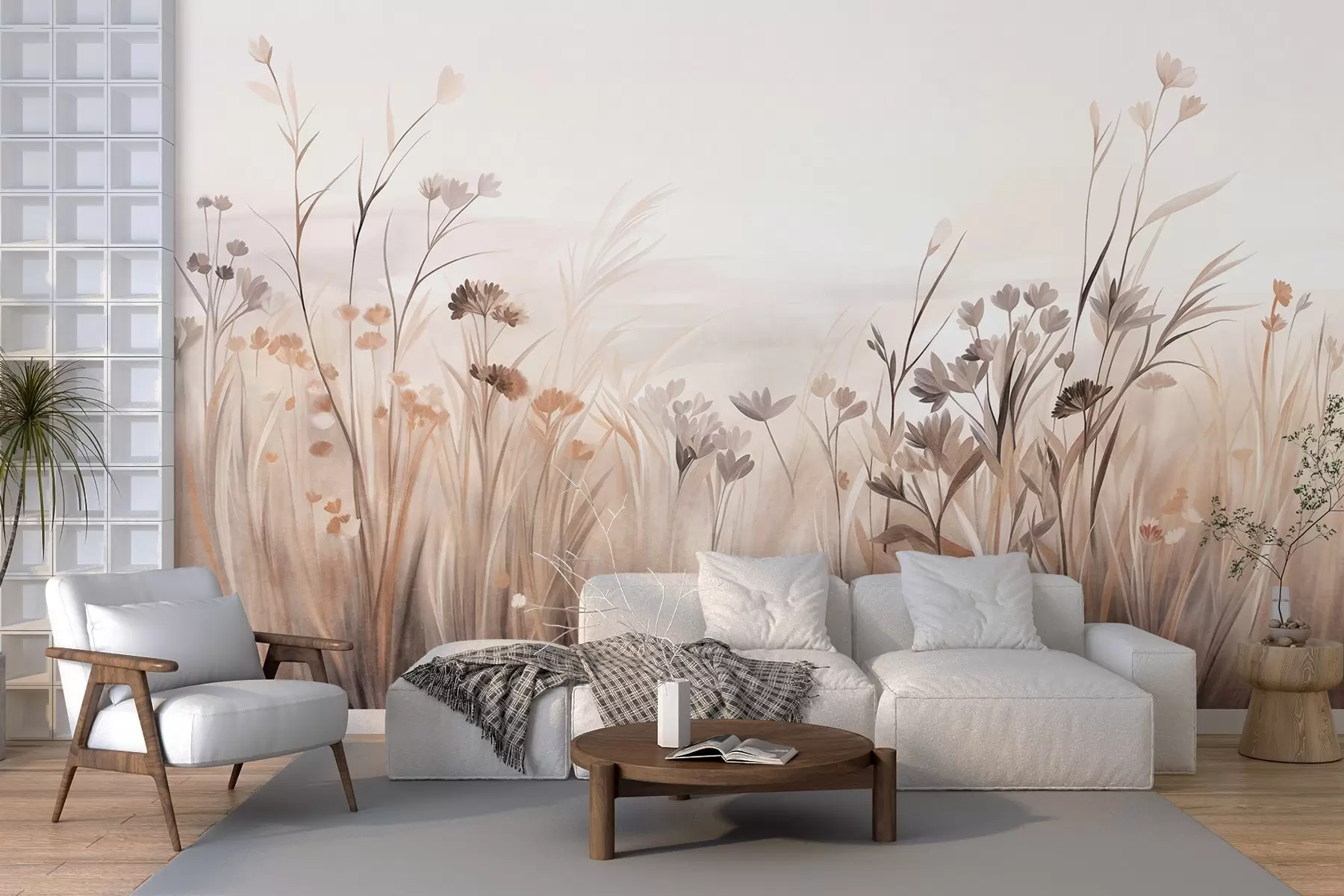 murales de pared Un campo de flores silvestres en tonos apagados de marrón y beige, con hierbas altas y delicadas flores w09872
