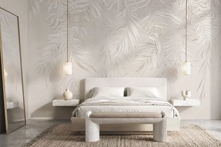 murales de pared Hojas tropicales blancas sobre fondo claro w05627v1