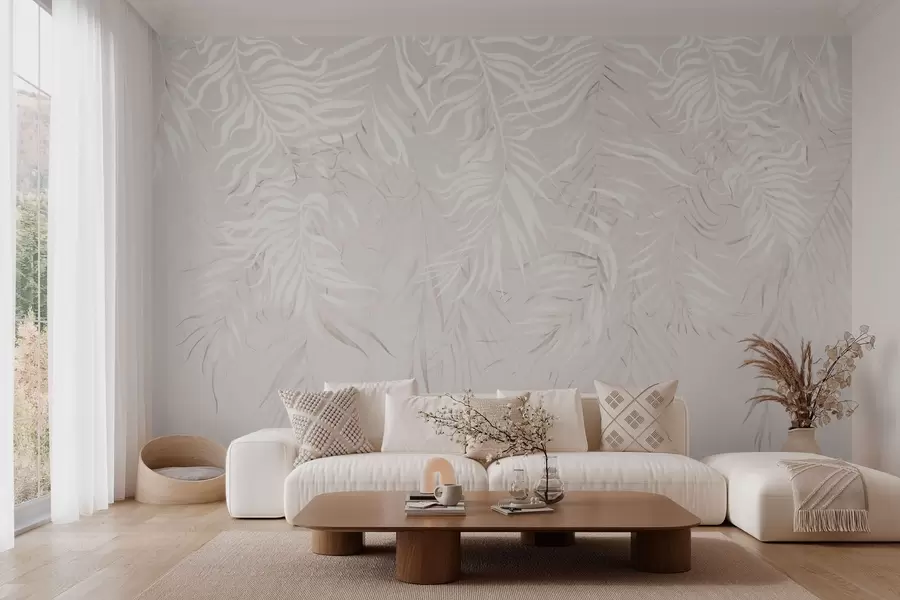 murales de pared Hojas tropicales blancas sobre fondo claro w05627v1