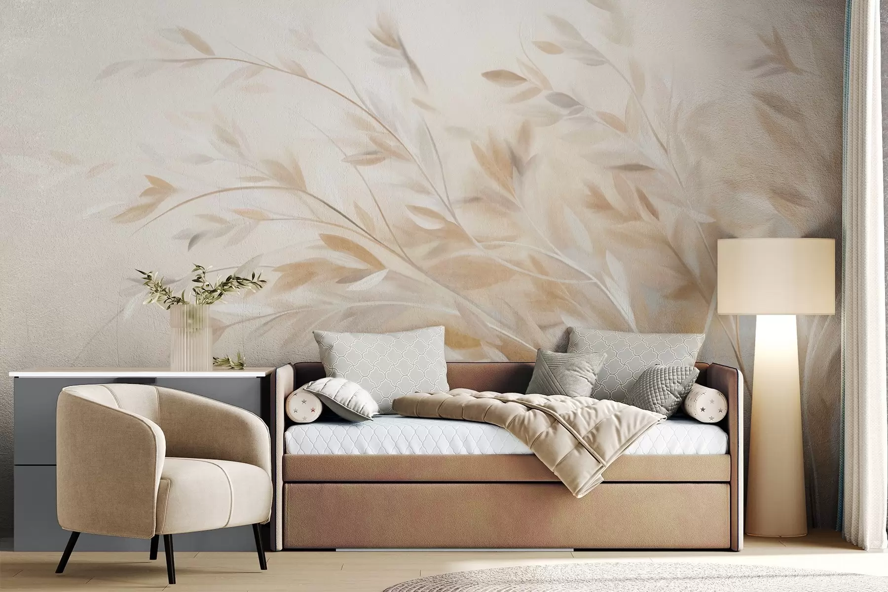 murales de pared Tallos de hierba con textura y hojas, que se mecen suavemente sobre un fondo suave y apagado w09752