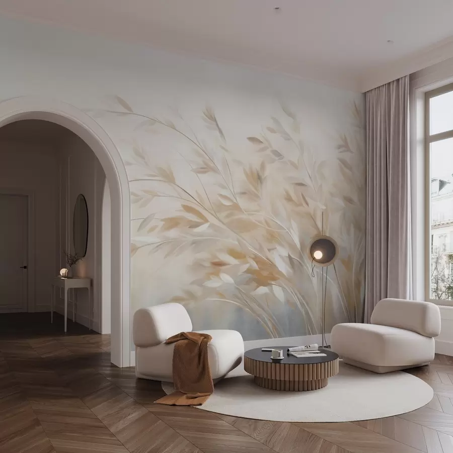 murales de pared Tallos de hierba con textura y hojas, que se mecen suavemente sobre un fondo suave y apagado w09752
