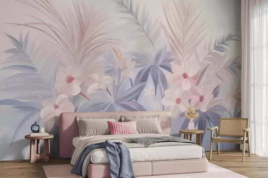murales de pared Flores tropicales y hojas de palmera en tonos apagados de azul y rosa, estilo pictórico w09832
