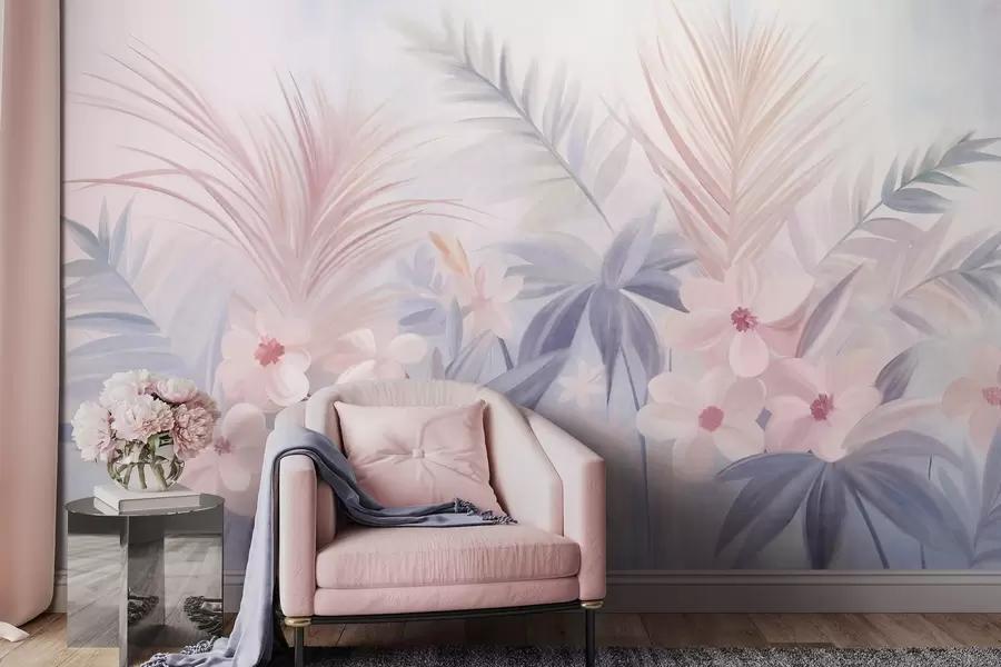 murales de pared Flores tropicales y hojas de palmera en tonos apagados de azul y rosa, estilo pictórico w09832