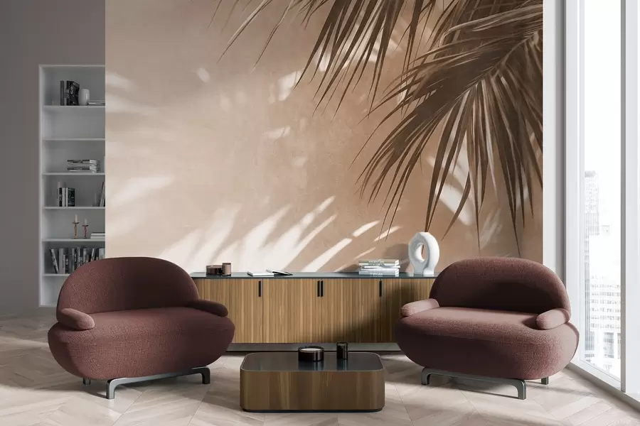 murales de pared Hojas de palmera con textura y sombras, un ambiente tropical, minimalismo w09890