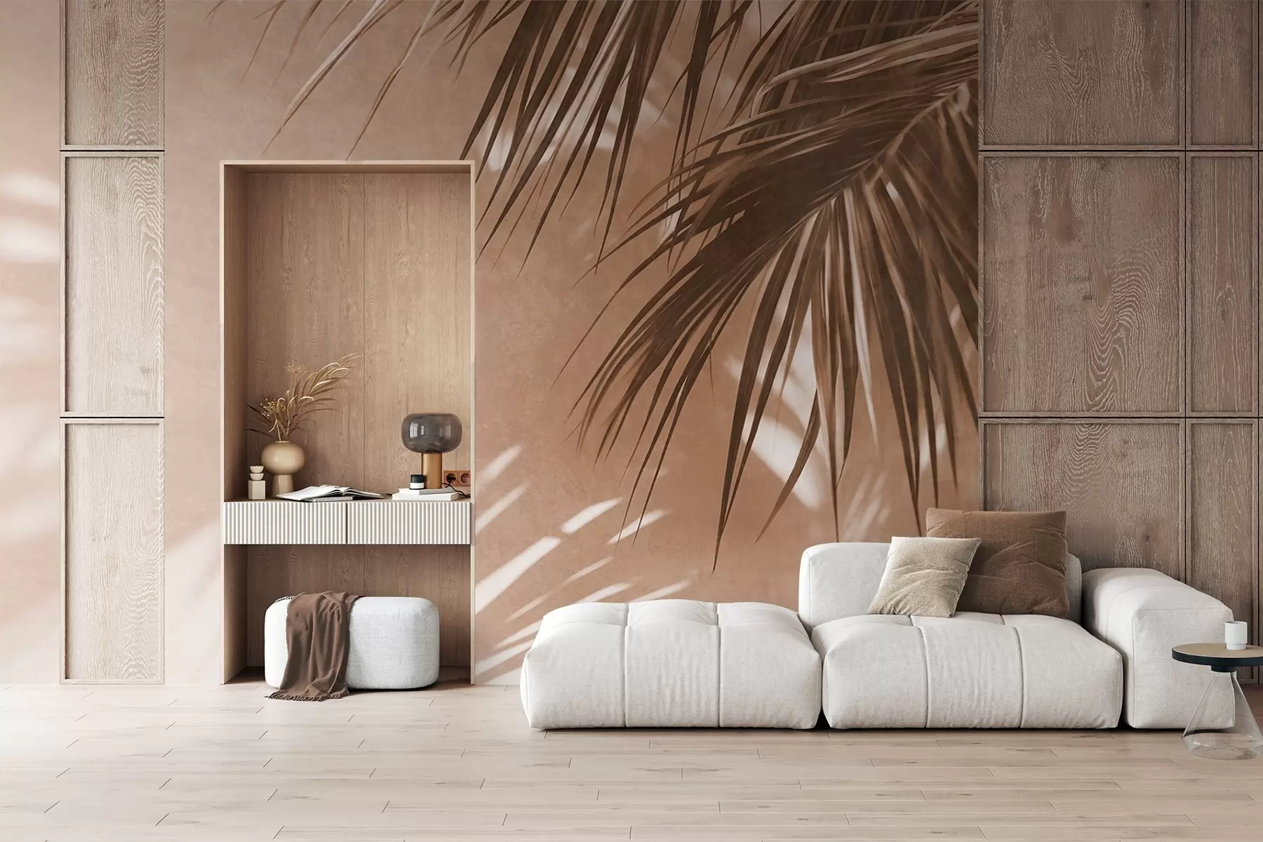 murales de pared Hojas de palmera con textura y sombras, un ambiente tropical, minimalismo w09890
