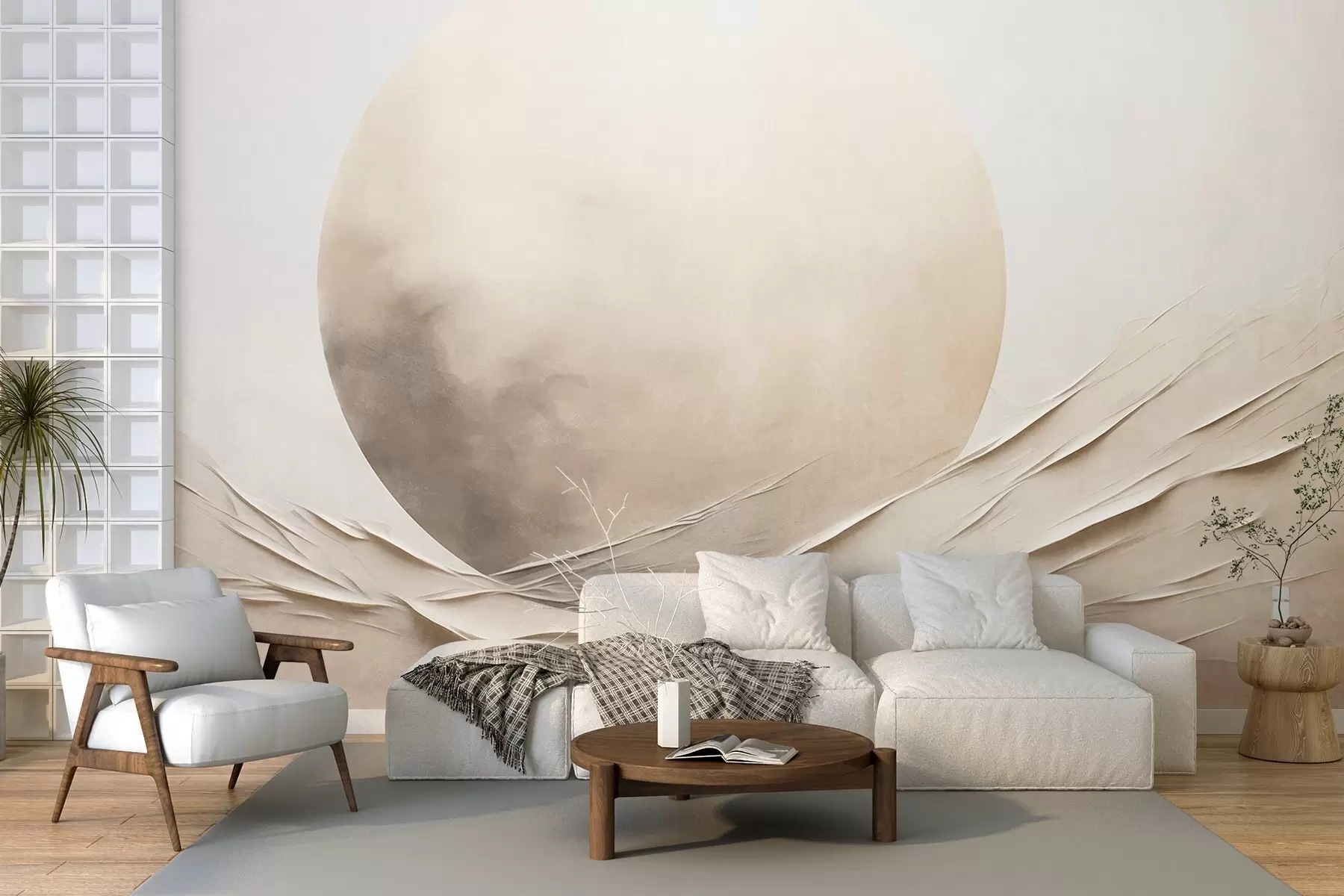 murales de pared Formas abstractas, onduladas y de color crema con una gran esfera pálida; arte moderno minimalista w09895
