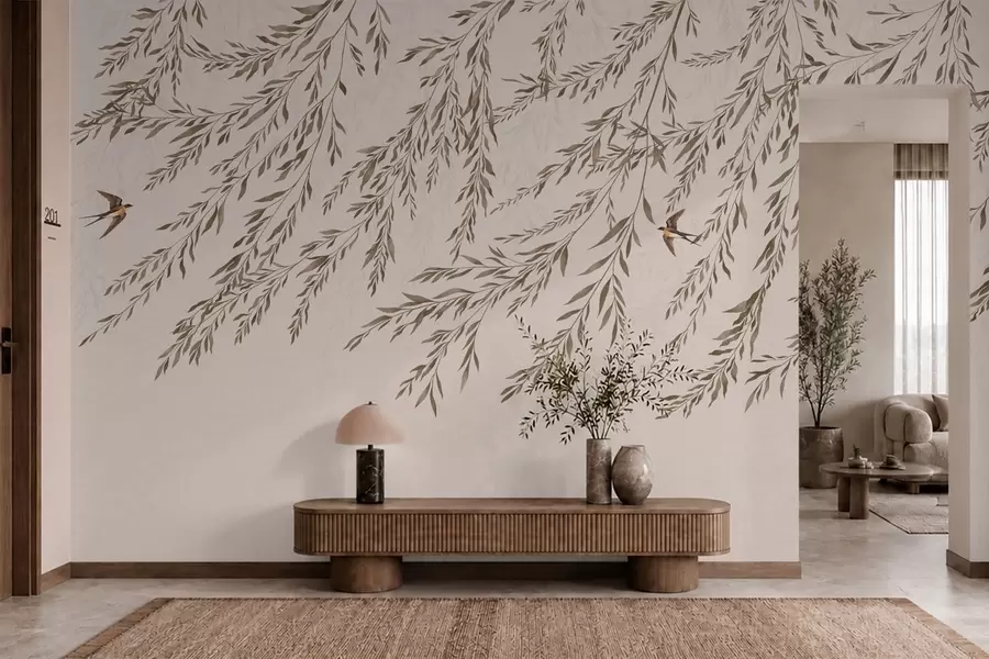 murales de pared Ramas de color beige y golondrinas sobre un fondo claro w05630v1