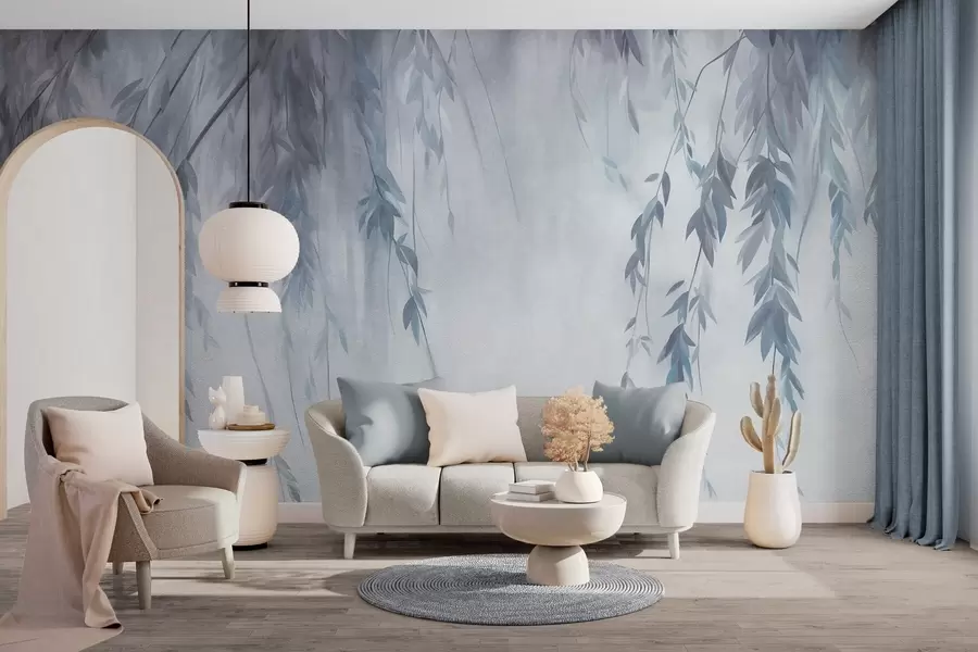 murales de pared Ramas de sauce con hojas de color azul pálido que cuelgan sobre un fondo tenue, al estilo de una acuarela w09893v2