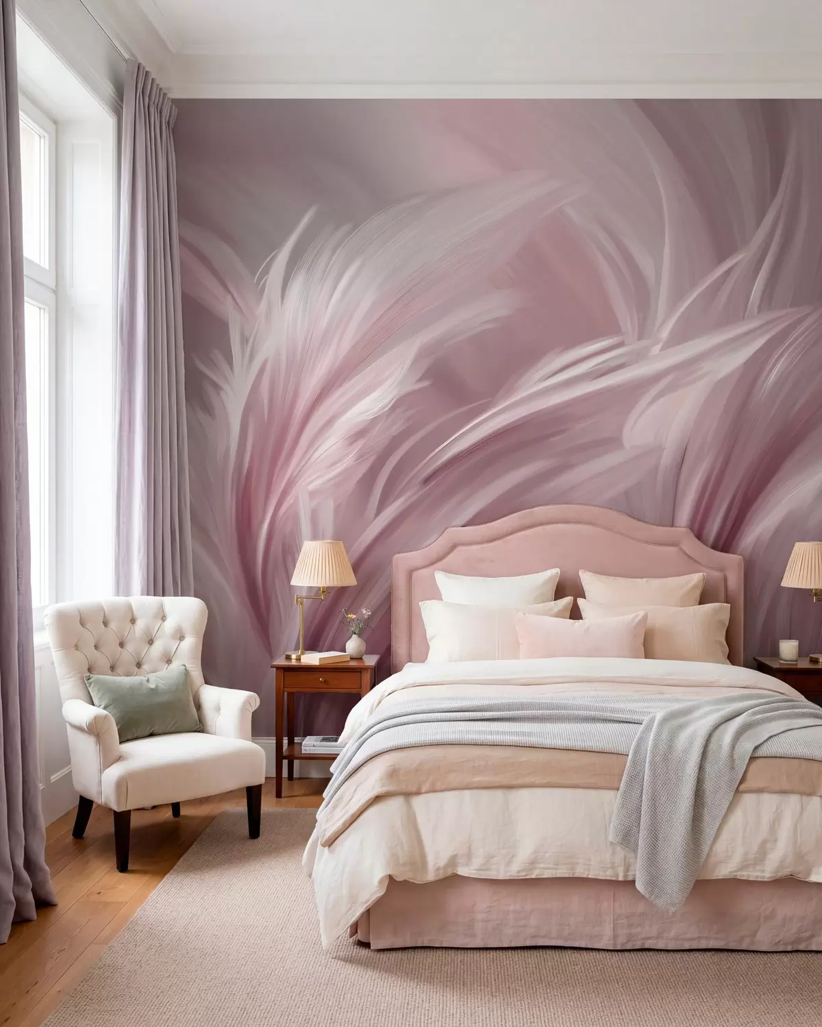 murales de pared Elegantes plumas en tonos rosados w05658v1