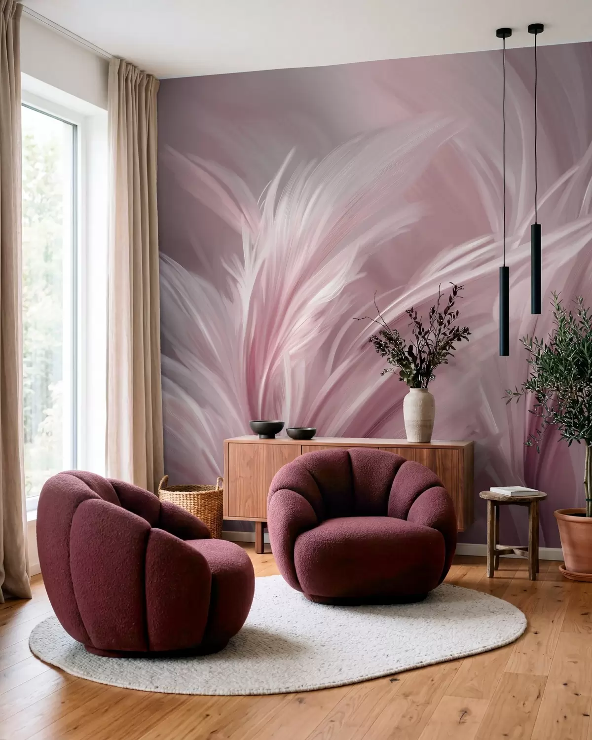 murales de pared Elegantes plumas en tonos rosados w05658v1