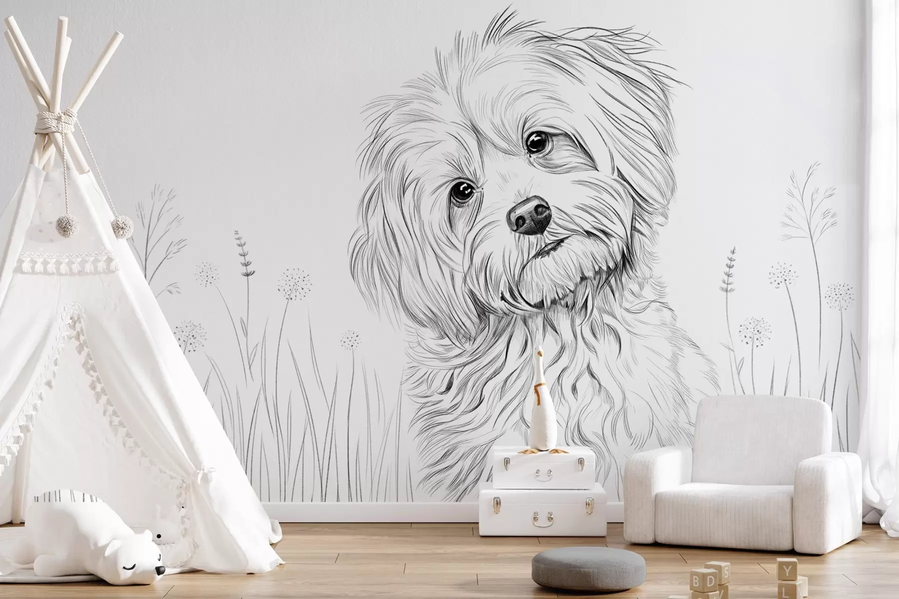 murales de pared Un bonito dibujo de un perro en la hierba w05656