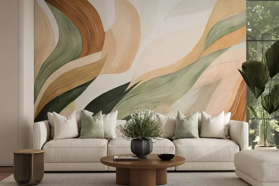 murales de pared Formas orgánicas abstractas en tonos tierra —verde, marrón y beige— con texturas fluidas w09894