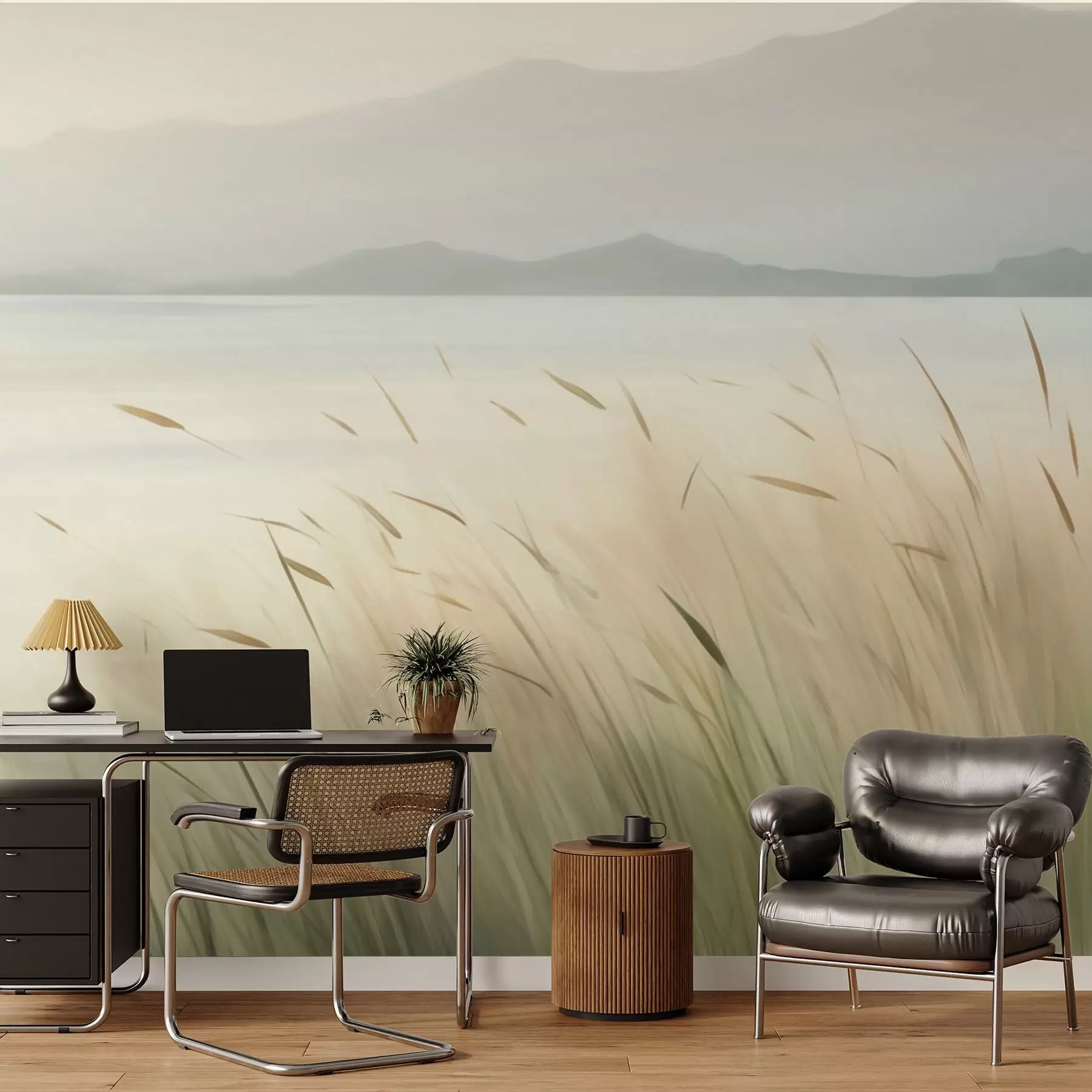 murales de pared Césped junto al lago con las montañas al fondo w05668
