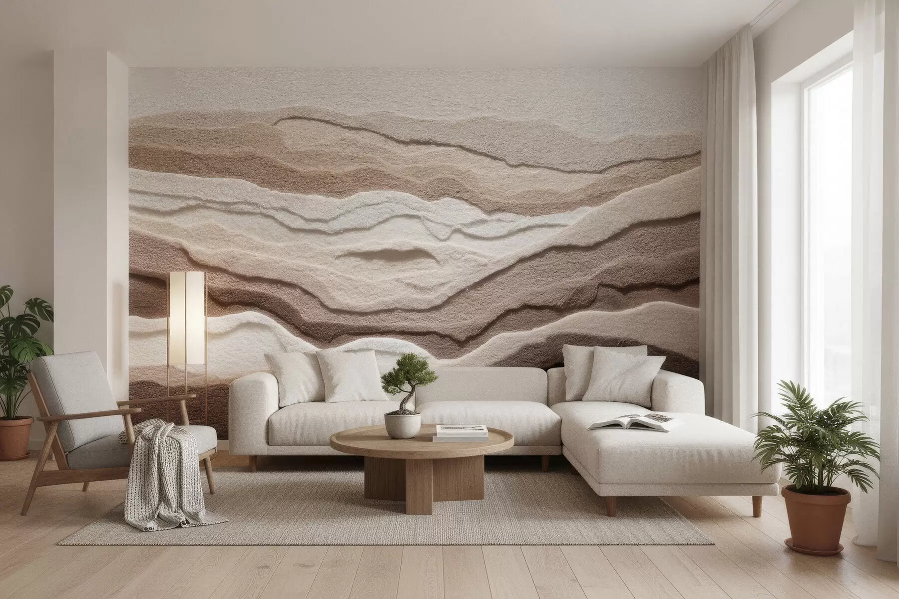 murales de pared Fotomural con textura que representa formaciones de arena en capas en una cálida gama de tonos beige w09807