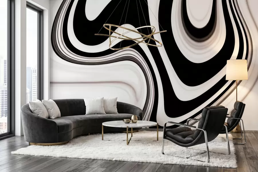 murales de pared Mural abstracto con ondulaciones fluidas en blanco y negro, de estilo minimalista moderno w09877