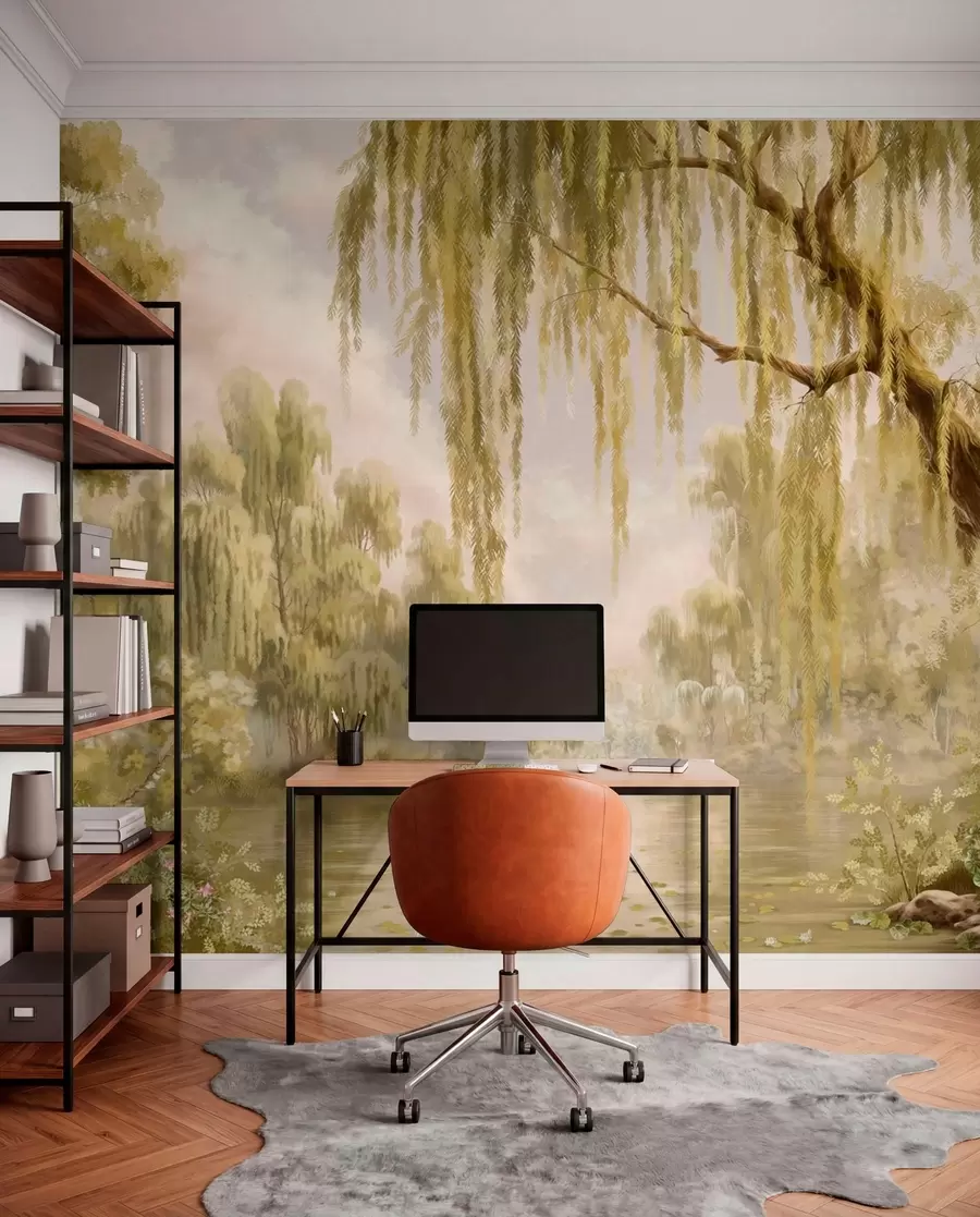 murales de pared Escena soleada con sauces junto a un estanque tranquilo w05631v1