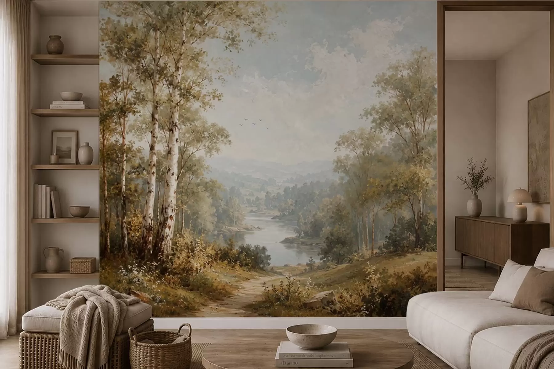 murales de pared Paisaje fluvial luminoso con abedules y nubes w05685