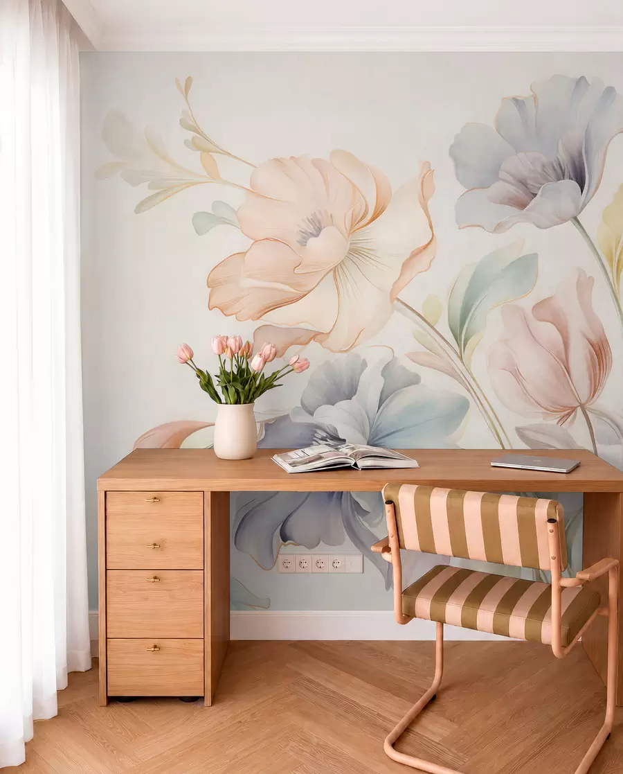 murales de pared Delicadas flores en tonos pastel de rosa, azul y amarillo con hojas verdes, sobre un fondo claro w09898