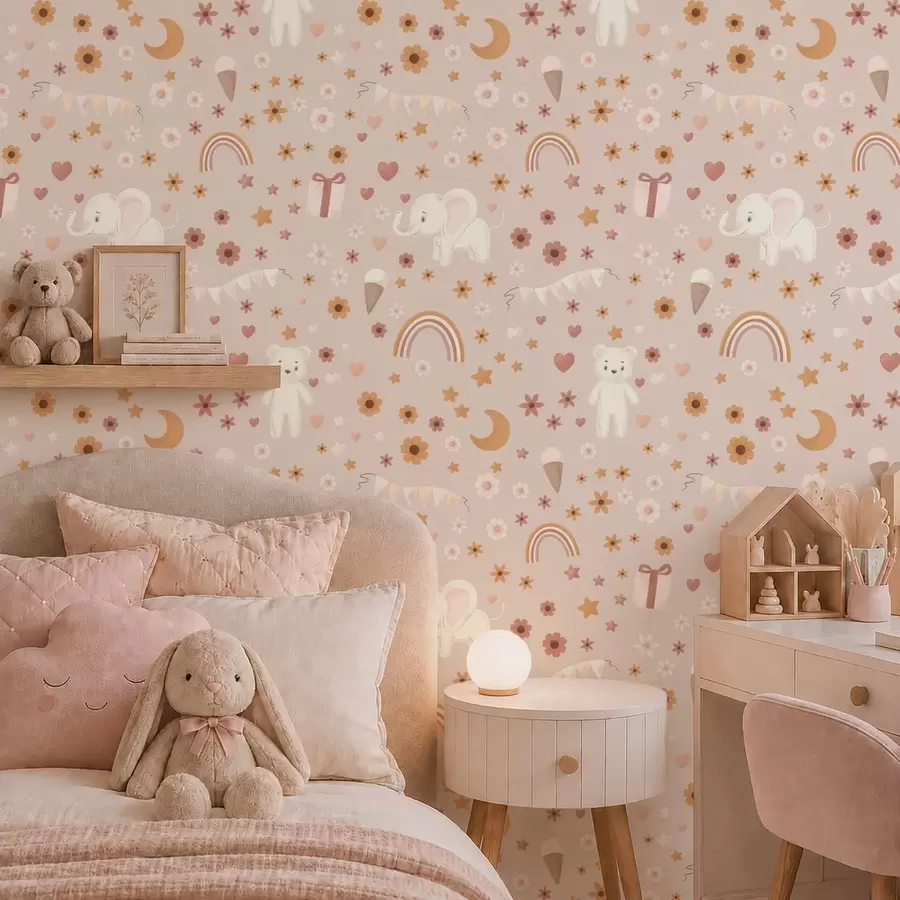 murales de pared Diseño infantil con un elefante, un arcoíris y flores a00433