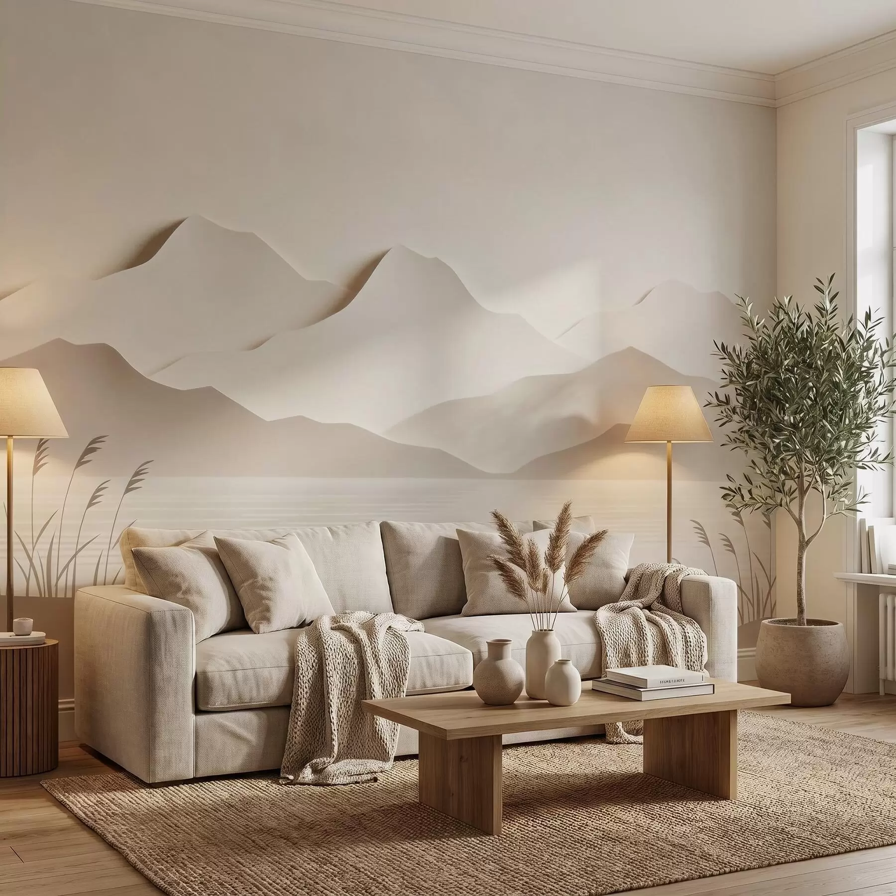 murales de pared Paisaje montañoso con varias capas sobre un lago tranquilo, en una cálida gama de tonos beige w09876