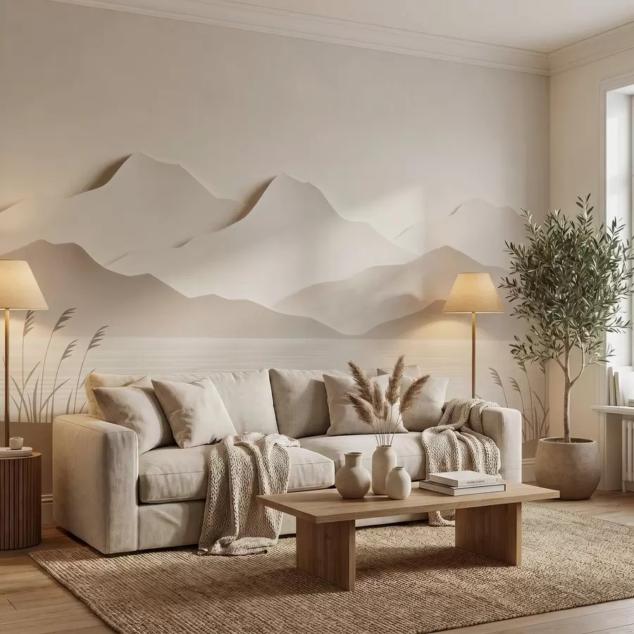 murales de pared Paisaje montañoso con varias capas sobre un lago tranquilo, en una cálida gama de tonos beige w09876