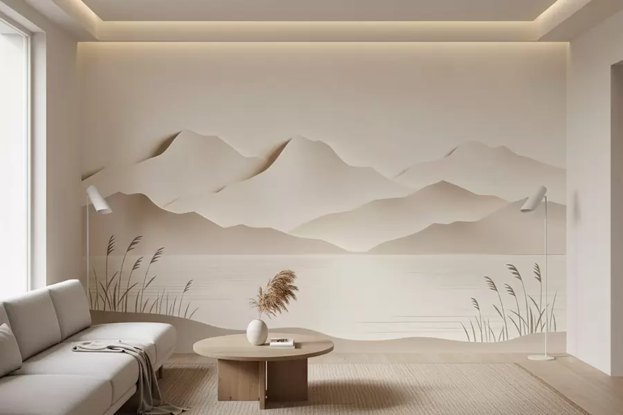 murales de pared Paisaje montañoso con varias capas sobre un lago tranquilo, en una cálida gama de tonos beige w09876