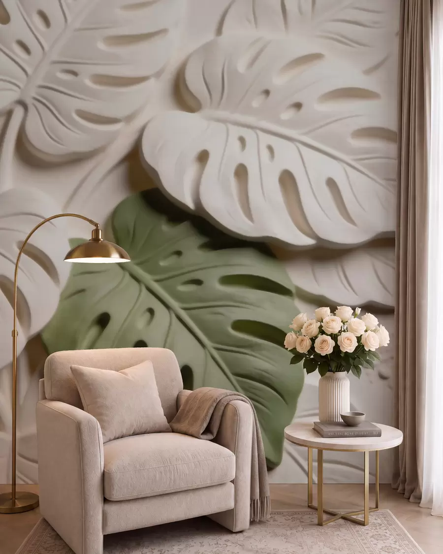 murales de pared Hojas de monstera botánicas en relieve en tonos crema y verde w09883