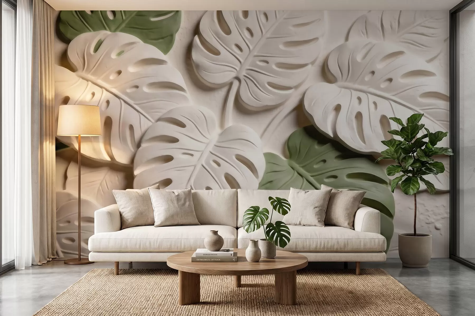 murales de pared Hojas de monstera botánicas en relieve en tonos crema y verde w09883