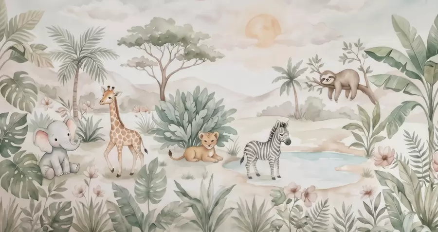 murales de pared Escena de safari pintada en acuarela con animales en delicados tonos pastel, en la que aparecen una jirafa, un elefante bebé, una cebra y un cachorro de león w09888