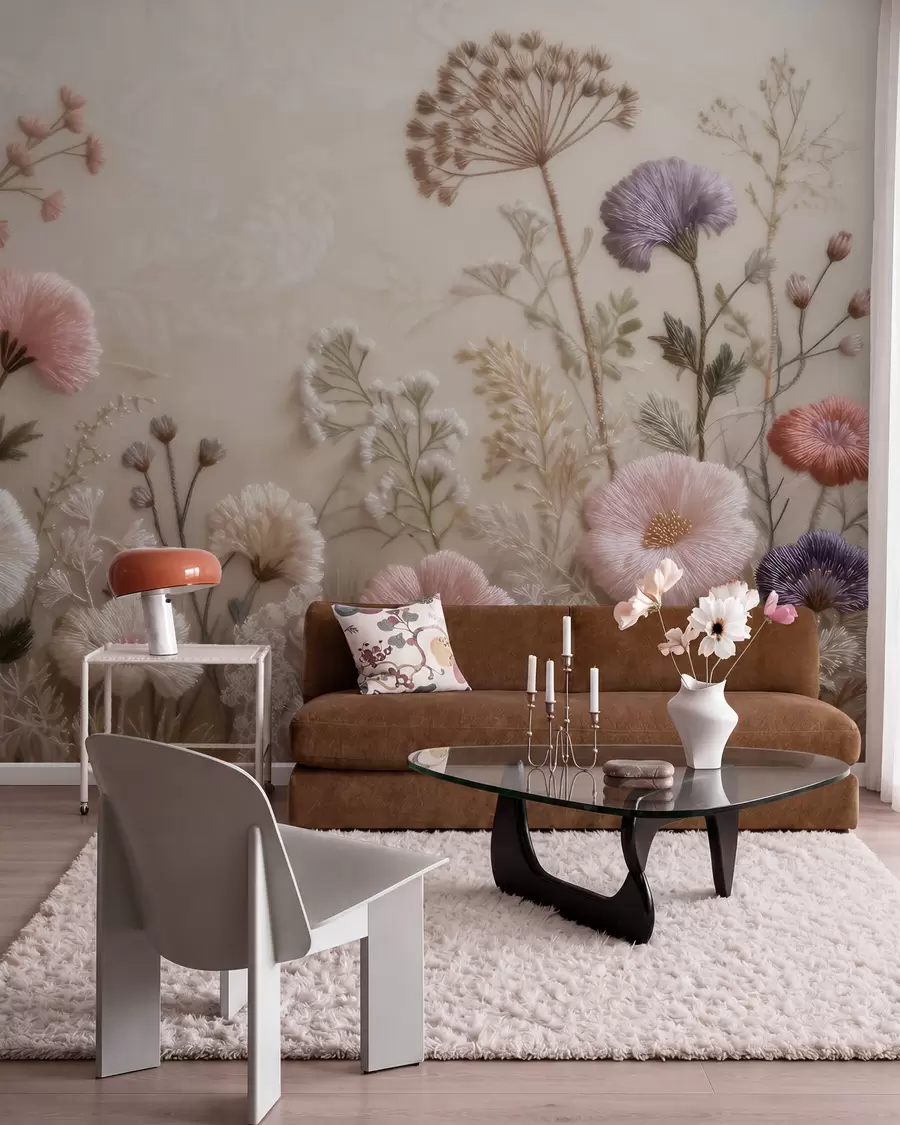 murales de pared Flores silvestres tridimensionales con un efecto de bordado artesanal en una paleta de colores pastel w09874