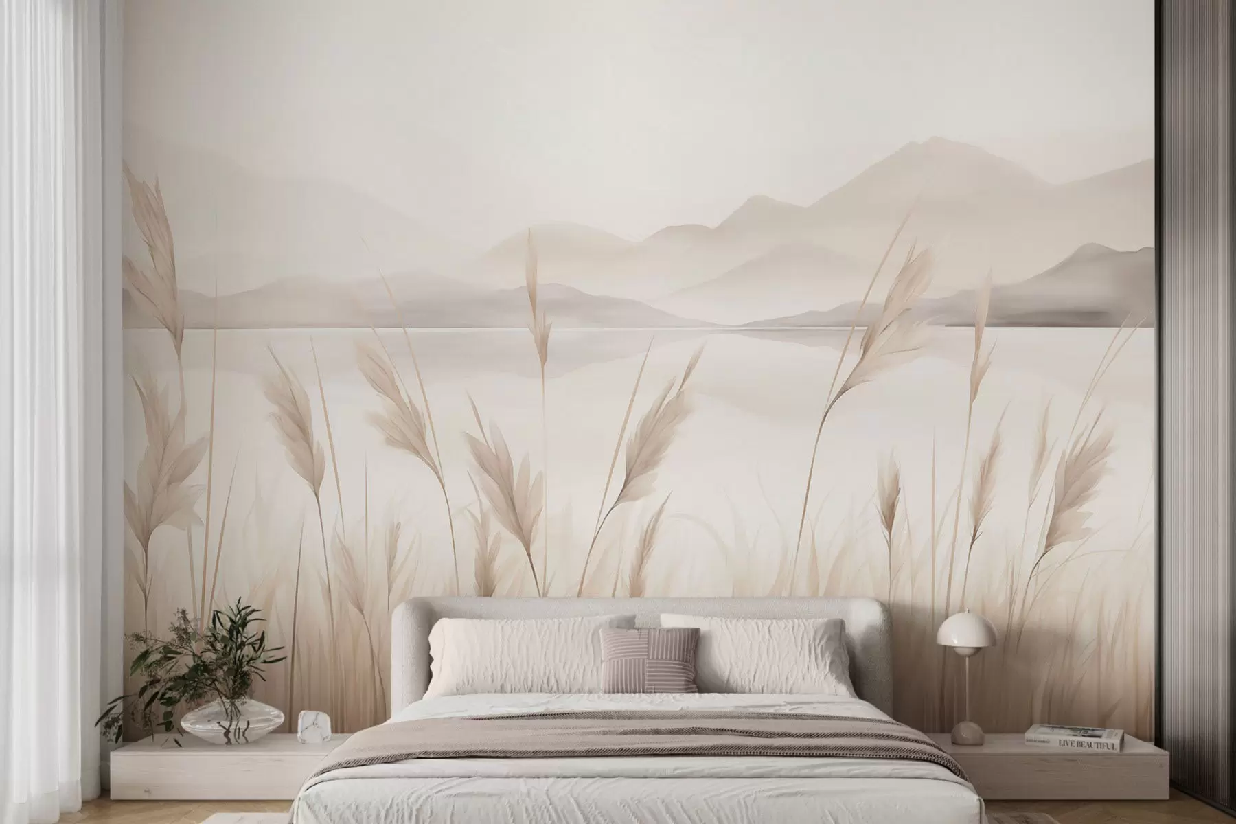 murales de pared Juncos junto a un lago con montañas al fondo, imitación de un cuadro w05704