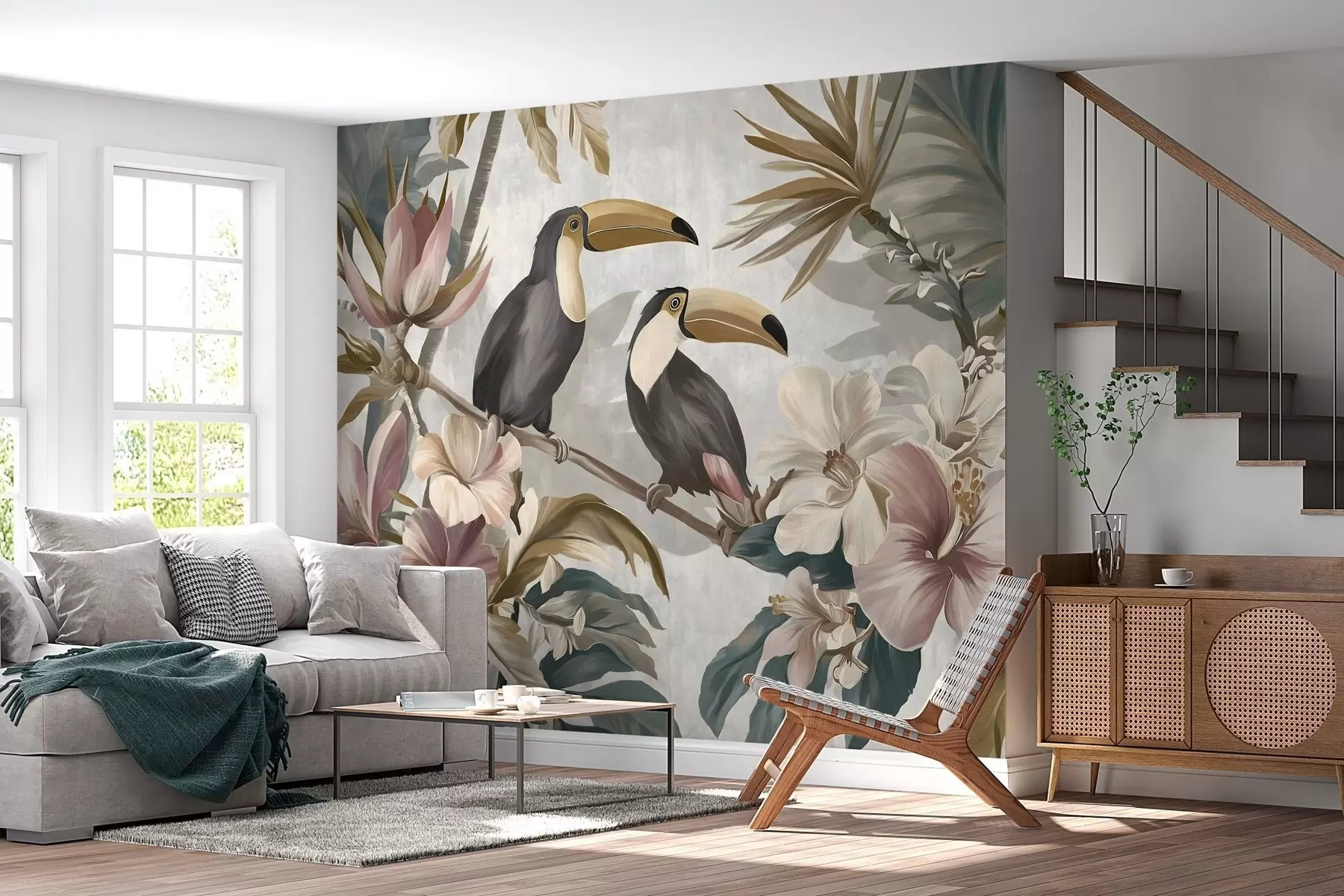 murales de pared una pareja de tucanes entre flores y hojas tropicales w05657
