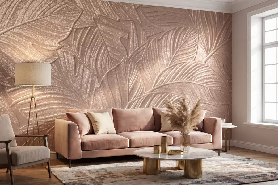 murales de pared Hojas tropicales en relieve con un delicado diseño en tonos beige cálidos w09886
