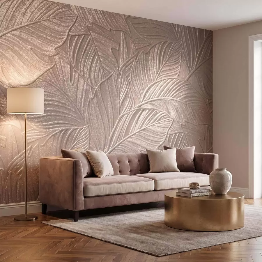 murales de pared Hojas tropicales en relieve con un delicado diseño en tonos beige cálidos w09886