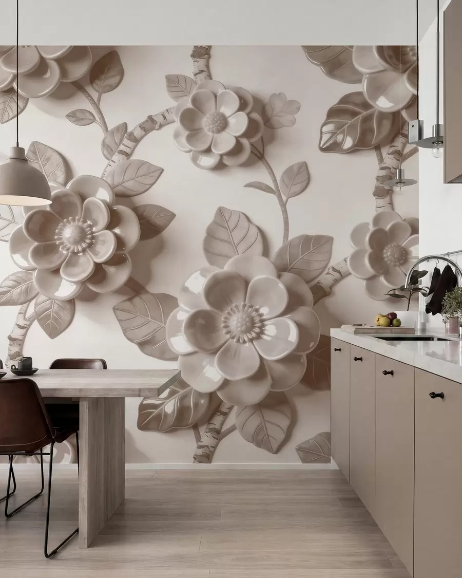 murales de pared Elegante arreglo floral en tonos beige con flores esculpidas en tres dimensiones w09887v1