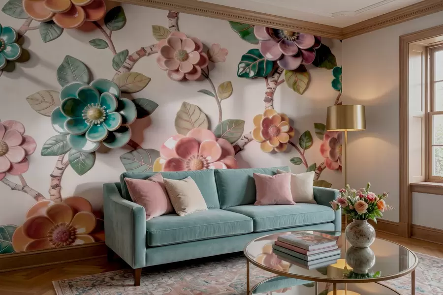 murales de pared Flores y hojas de cerámica tridimensionales en una paleta de colores vivos w09887v2