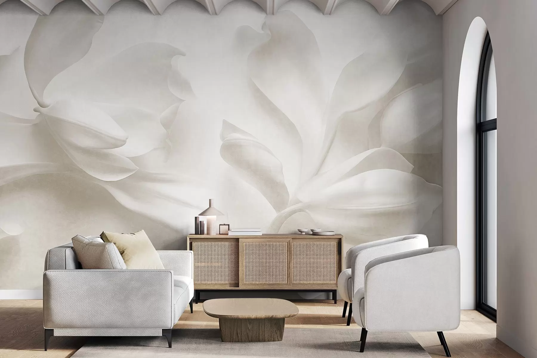 murales de pared Flores de magnolia blancas con textura y pétalos delicados, sobre un fondo claro difuminado w09771