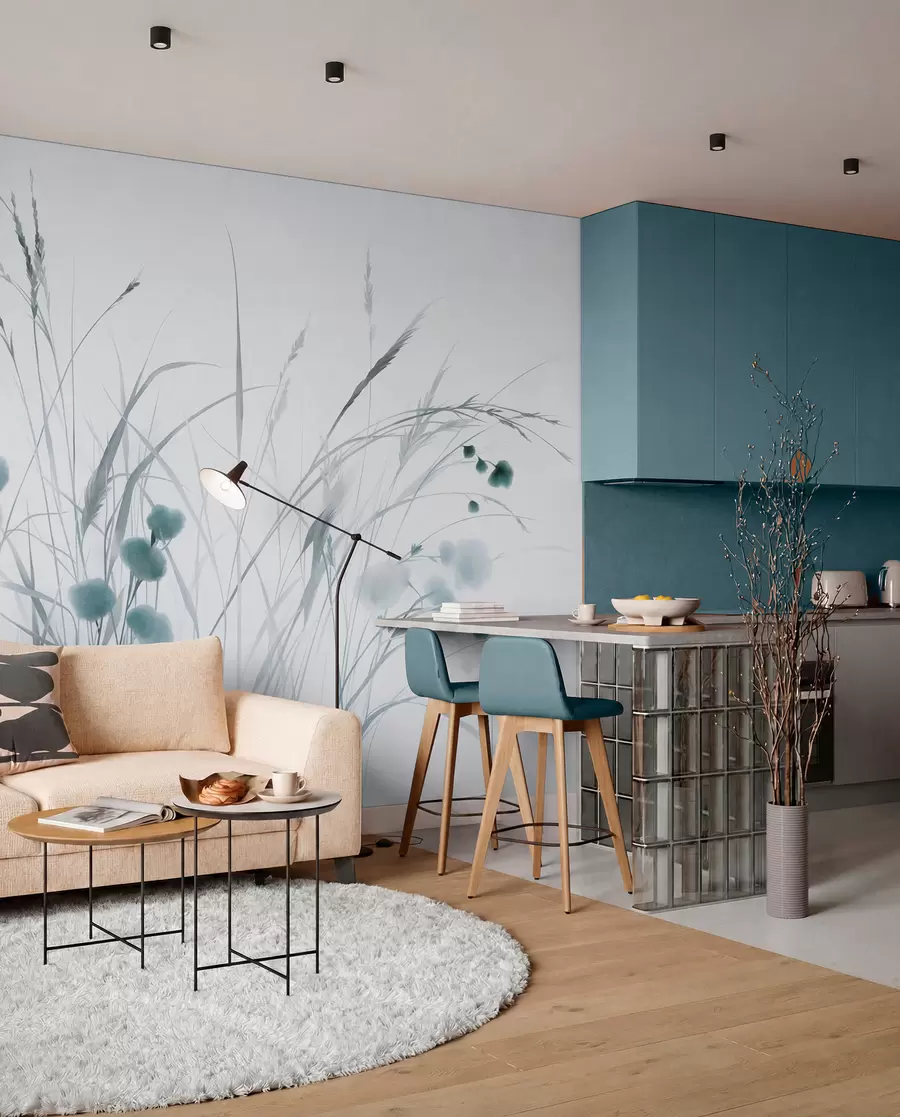 murales de pared Hierbas altas y pequeñas flores silvestres azules sobre un fondo pálido, con un estilo boho lleno de textura w09902v1