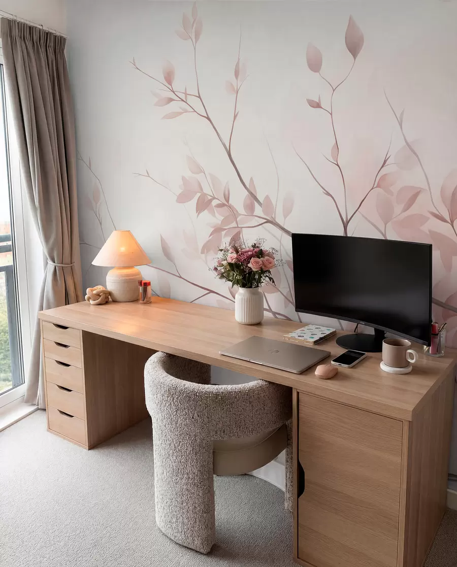 murales de pared Ramas delicadas con hojas de un rosa suave sobre un fondo pálido, al estilo de la acuarela w09910