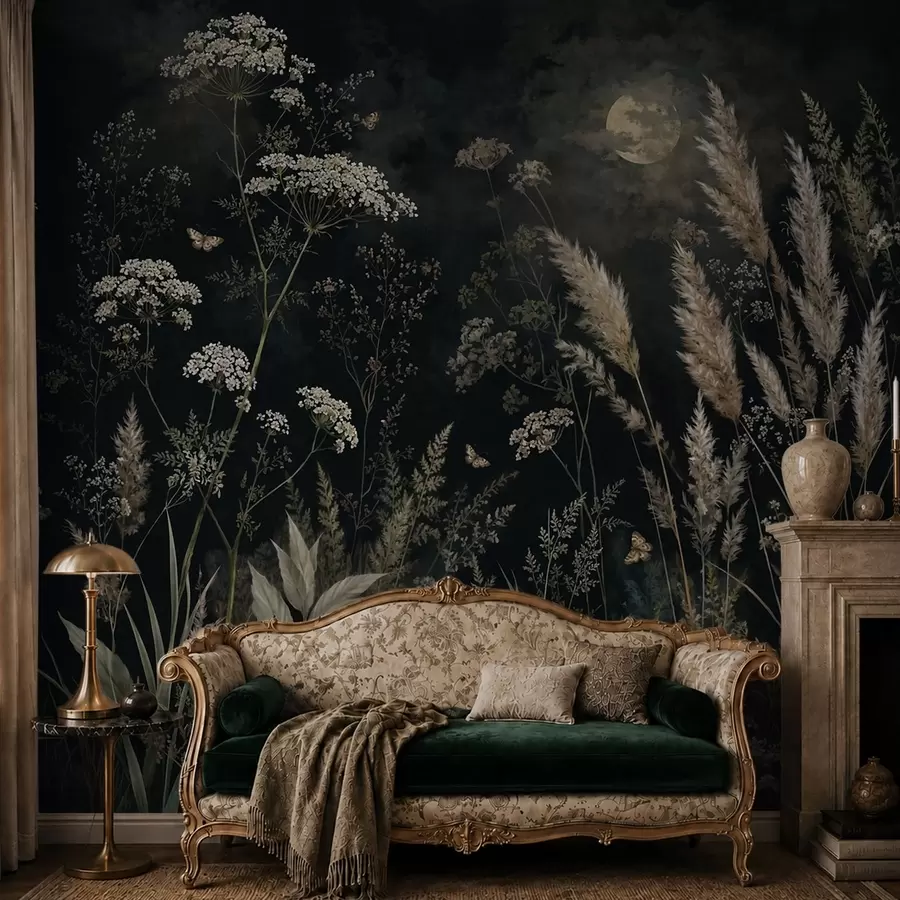 murales de pared Pradera a la luz de la luna con hierbas y flores silvestres w05701