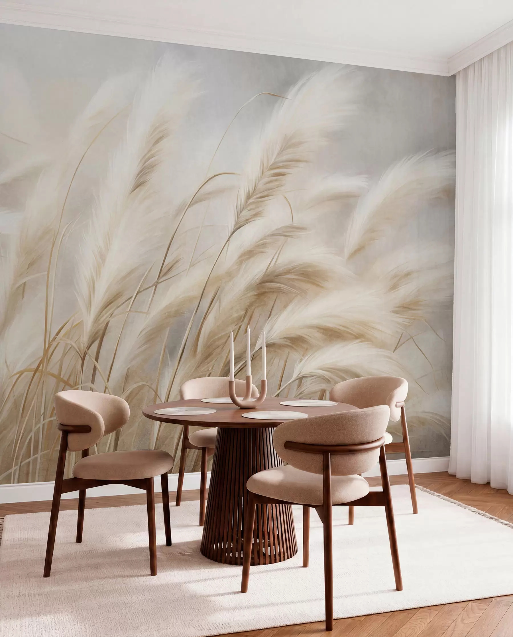 murales de pared Alta hierba de la pampa que se mece suavemente con el viento sobre un fondo suave y apagado; obra de arte con textura w09825