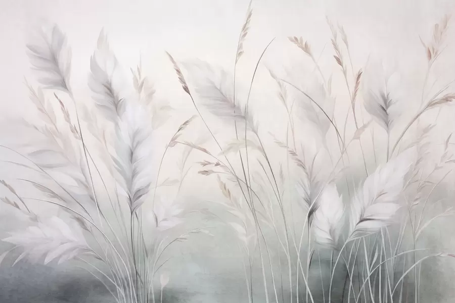 murales de pared Hierbas altas y plumosas que se mecen suavemente sobre un fondo suave y tenue: un delicado arte natural w09831