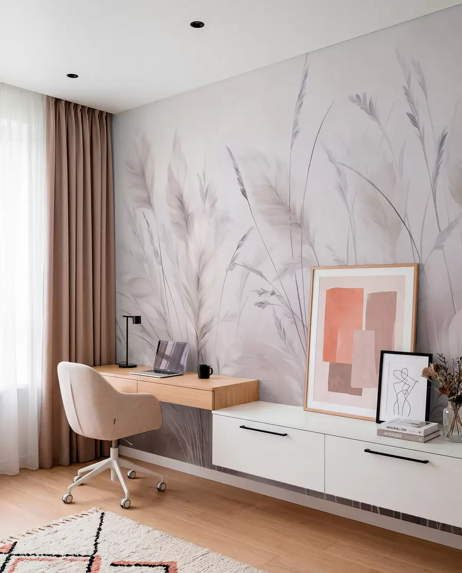 murales de pared Hierbas altas y plumosas que se mecen suavemente sobre un fondo suave y tenue: un delicado arte natural w09831v1