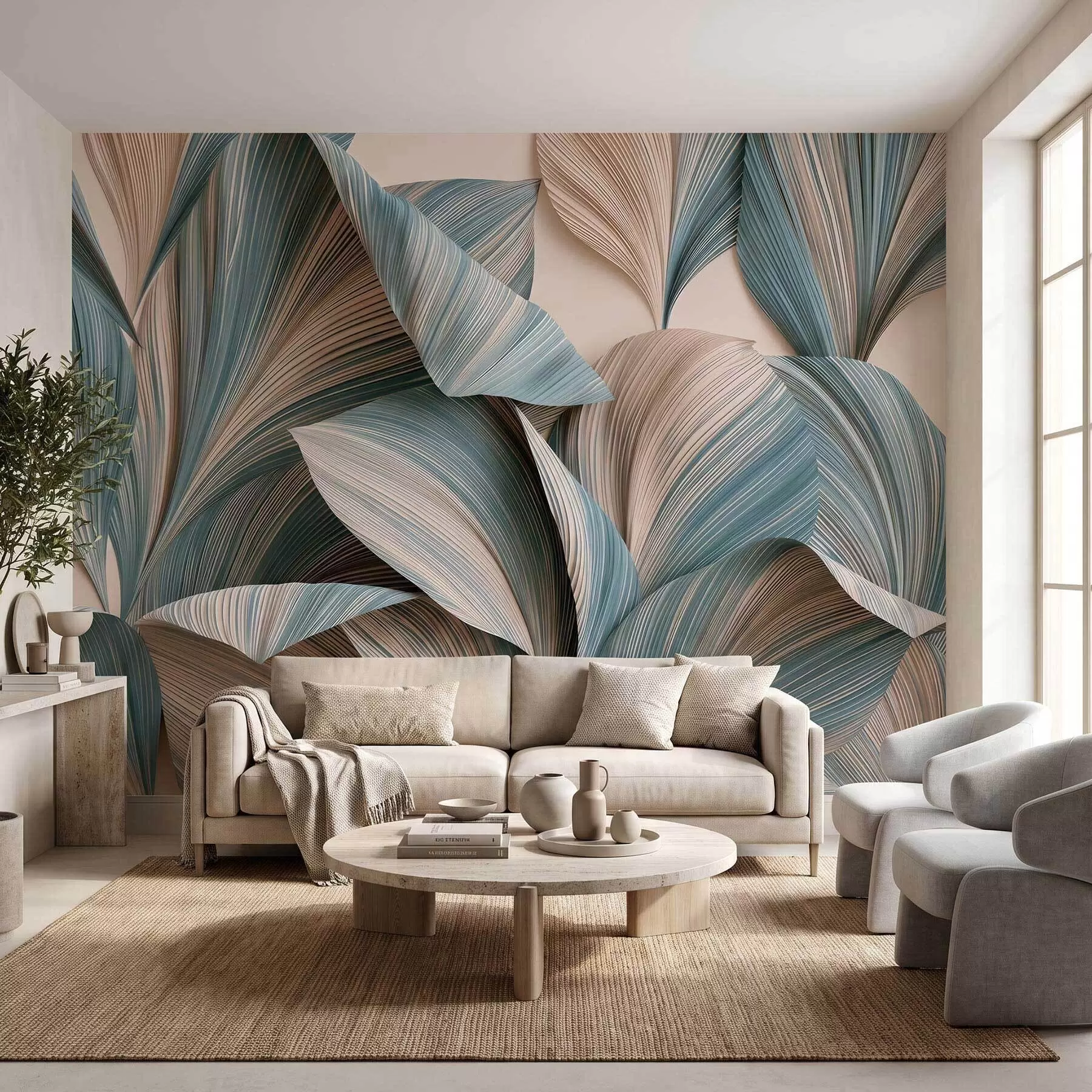 murales de pared Hojas tropicales con volumen en tonos beige y azules suaves w09914